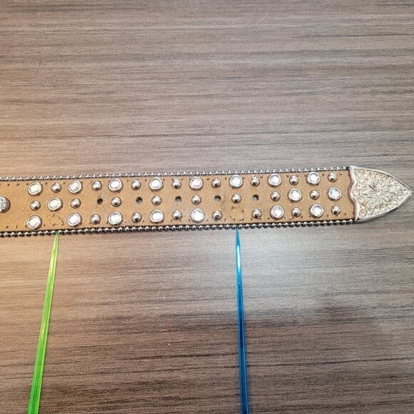 Leather Bronze Fleur De Lis Western Rhinestone Belt - Picture 15 of 15